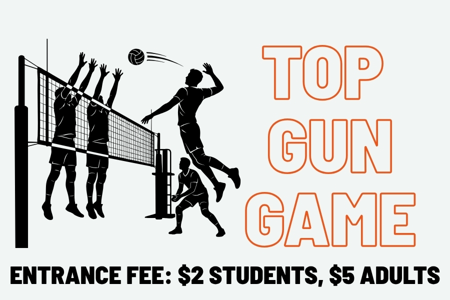 Top Gun Game text, list prices as written in calendar details, graphic of men playing volleyball